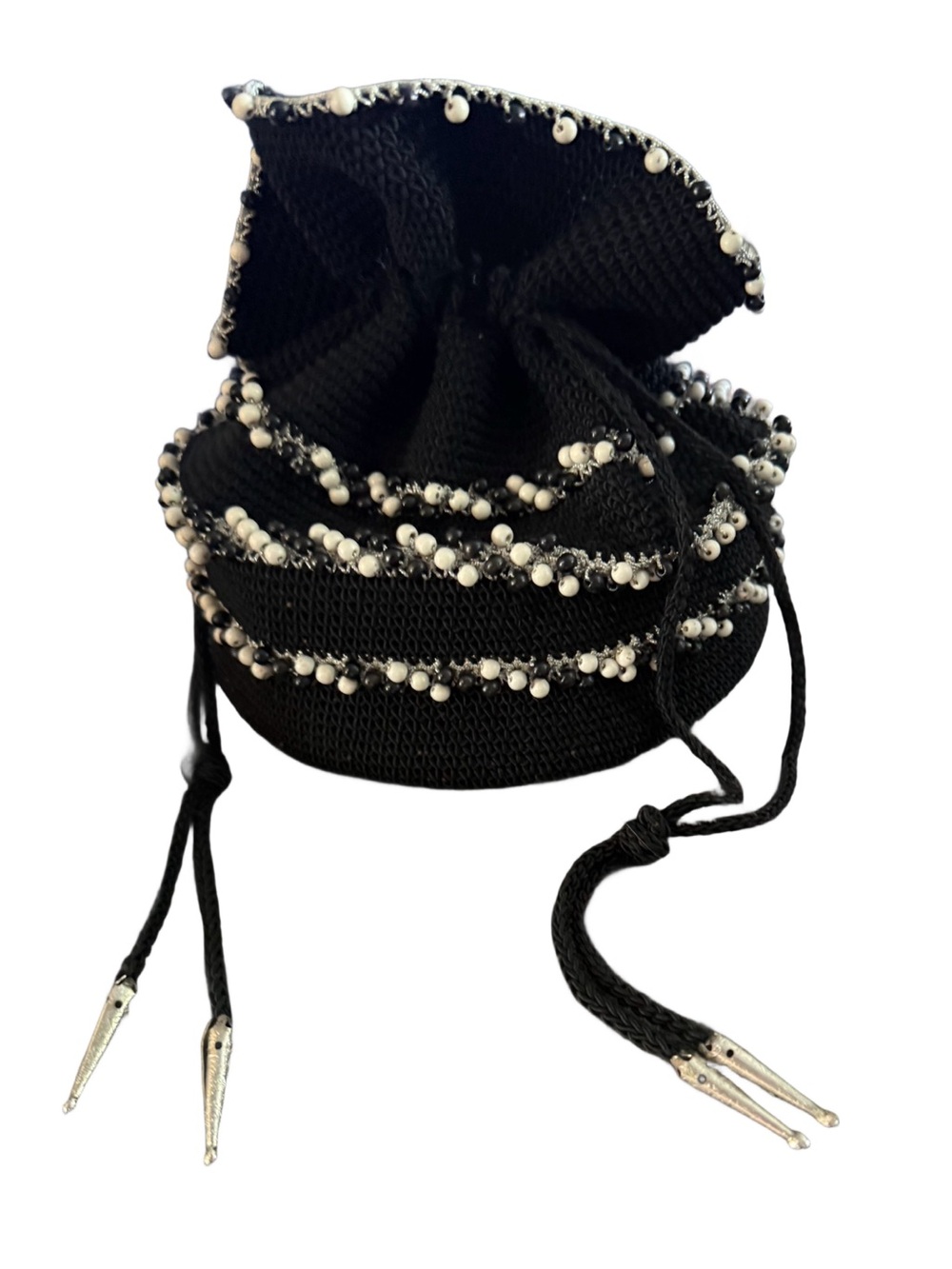 ❣️FAB Authentic 1940s Vintage Black Crochet Drawstring Evening Bag (Reticule)